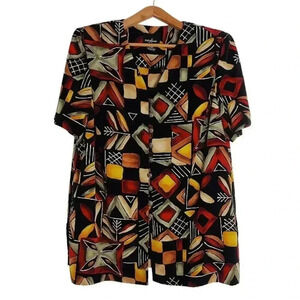 Vintage 80s Positive Attitude Geometric Print Short Sleeved Button Up Size 16P